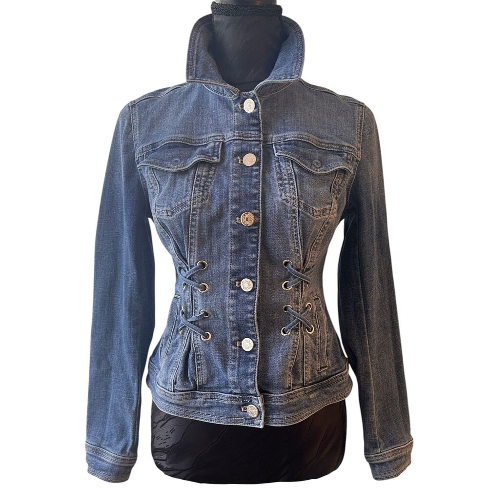 WHBM Women’s Denim Corset Pleated Trucker Jacket with Lace-Up Waist  - XS